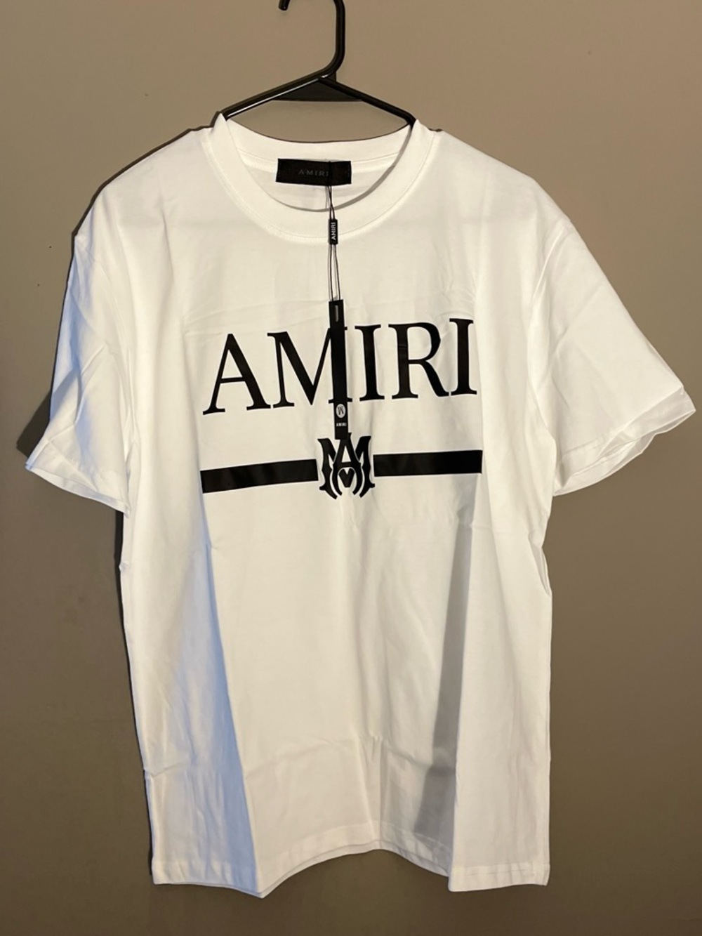 AMIRI White T-Shirt with Black Logo and Stripe